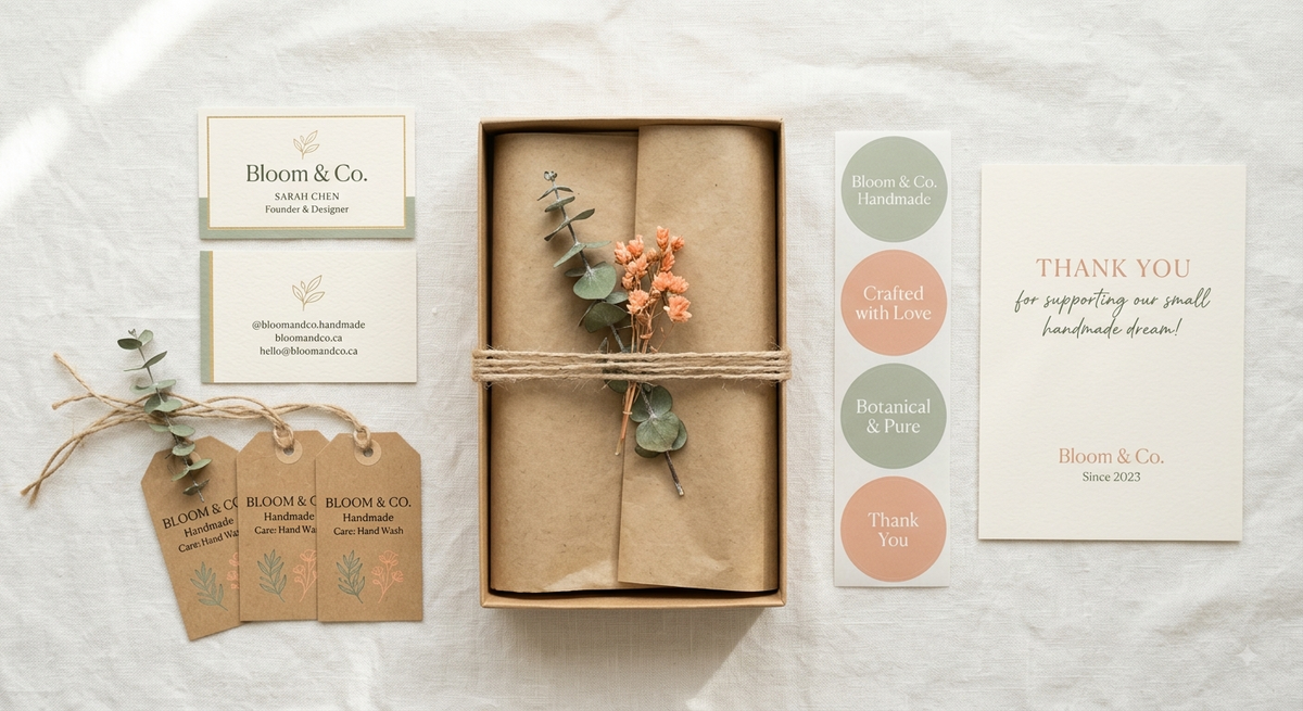 Business cards, packaging labels, hang tags and thank-you card