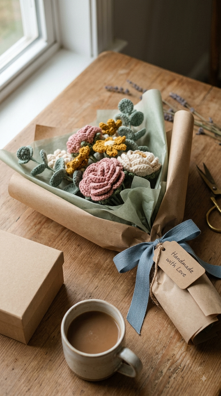 Handmade crochet flower bouquet wrapped as a gift