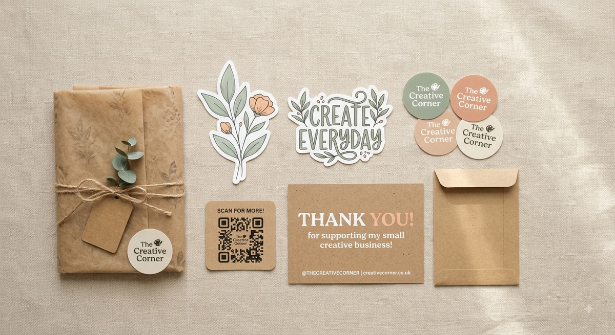 Custom stickers, QR code sticker, thank-you card and kraft packaging