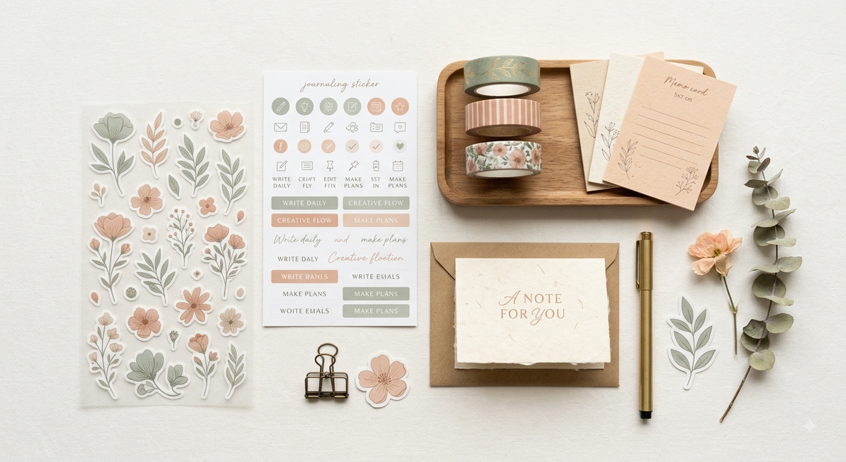 Floral stickers, journaling stickers, memo cards and decorative tape