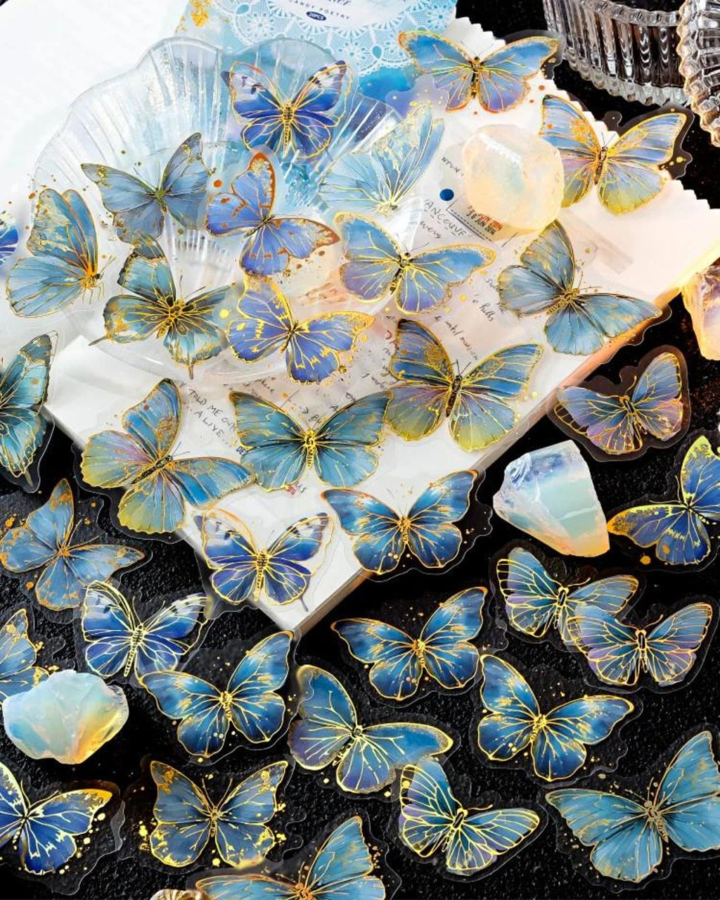 Blue butterfly stickers with gold foil