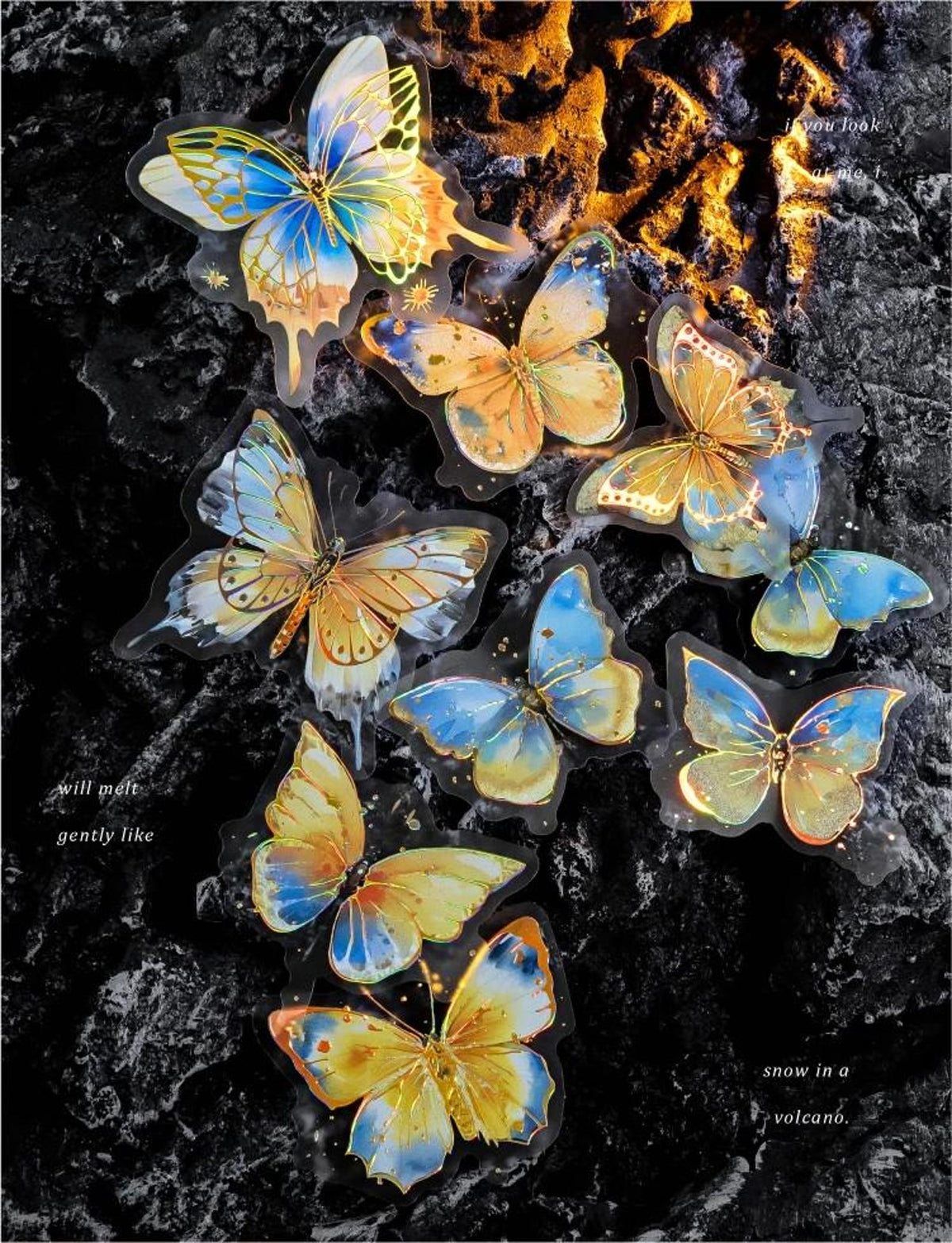 Translucent blue yellow and gold butterfly stickers