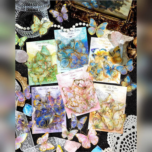 3D gold foil butterfly PET sticker assortment in vintage botanical designs
