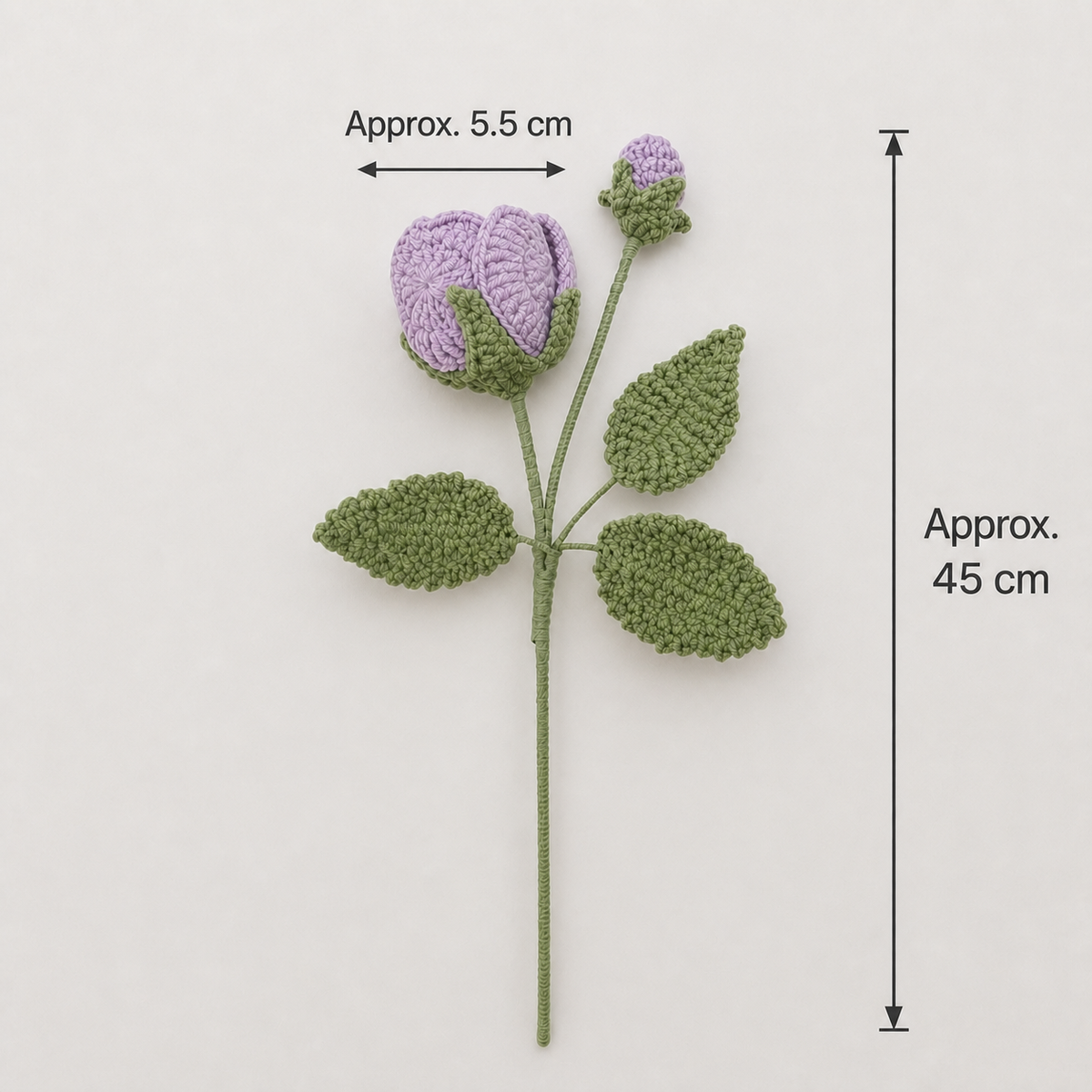 Light purple crochet rose with bud size guide
