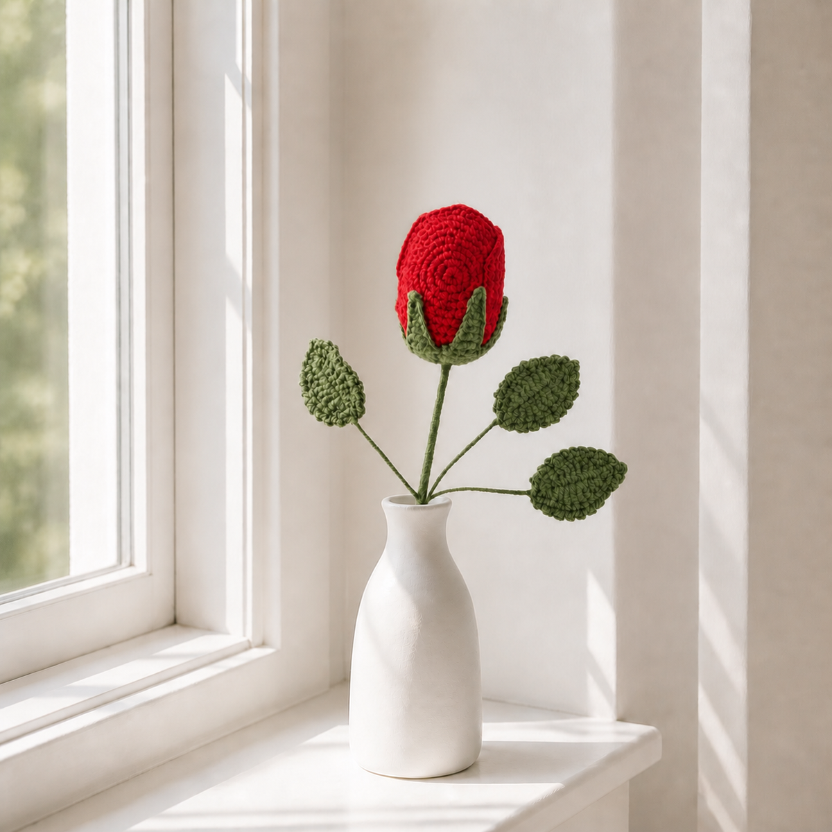 Handmade red crochet rose displayed in a white vase by a window