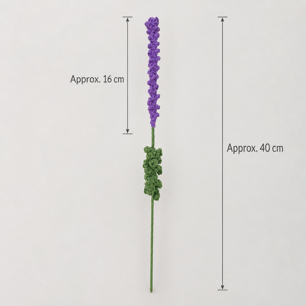 Deep purple crochet lavender dimensions: approximately 16 cm flower section and 40 cm overall length