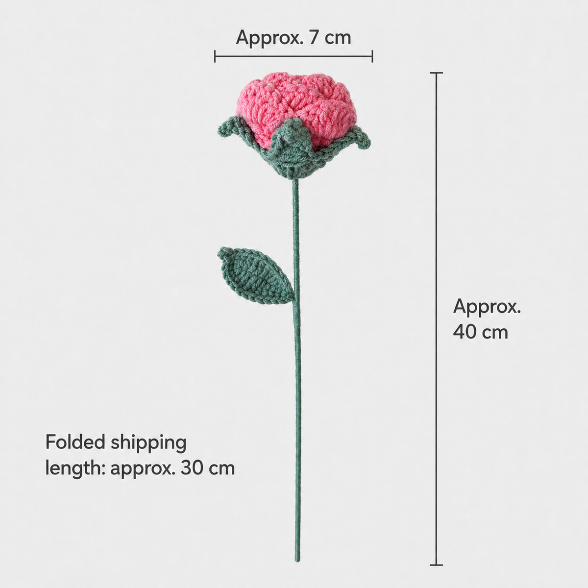 Fashion pink crochet rose dimensions: 7 cm flower head, 40 cm total length, 30 cm folded shipping length