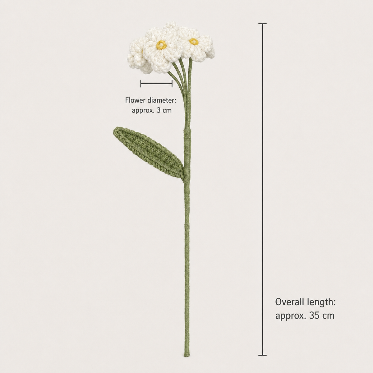 Ivory crochet forget-me-not dimensions: approximately 3 cm flowers and 35 cm overall length