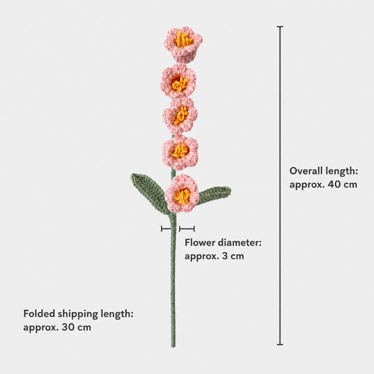 Cherry blossom pink crochet lily of the valley dimensions: approximately 3 cm flowers and 40 cm overall length