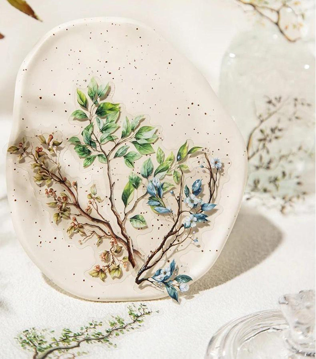 Semi-transparent botanical branch PET stickers on ceramic plate