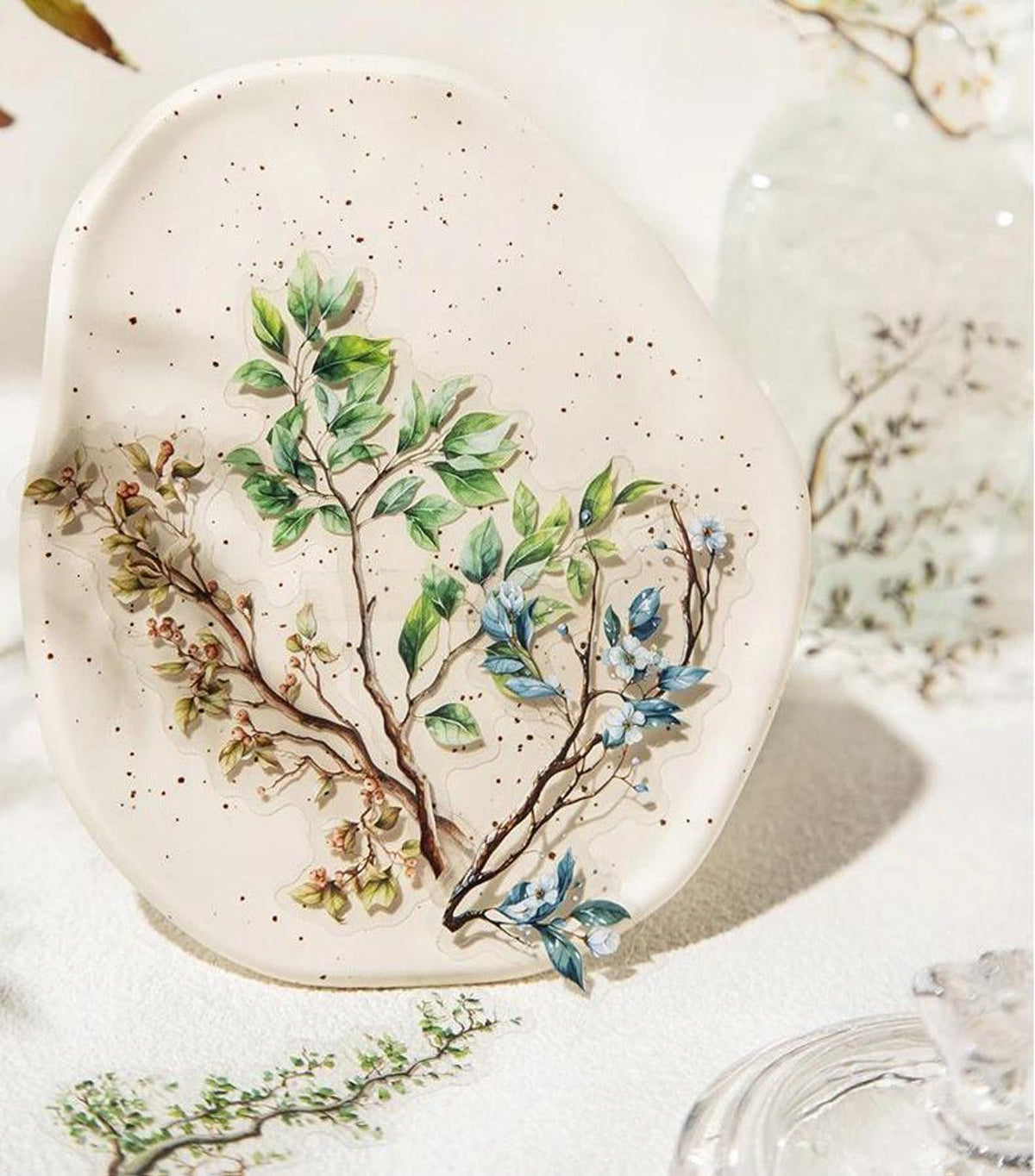 Semi-transparent botanical branch PET stickers on ceramic plate