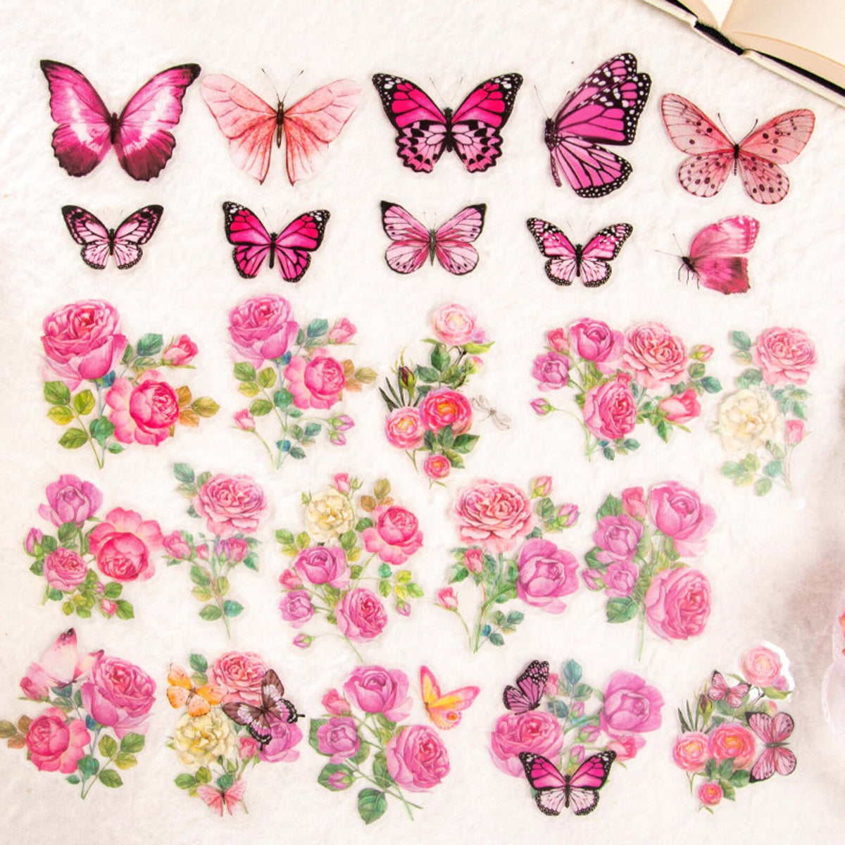 Pink floral and butterfly PET sticker sheet