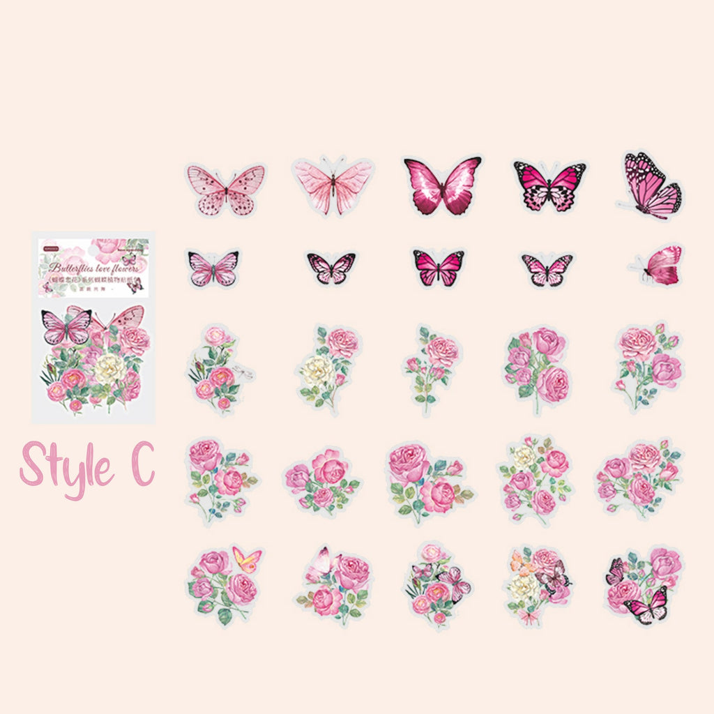 Style C pink butterfly and rose PET stickers