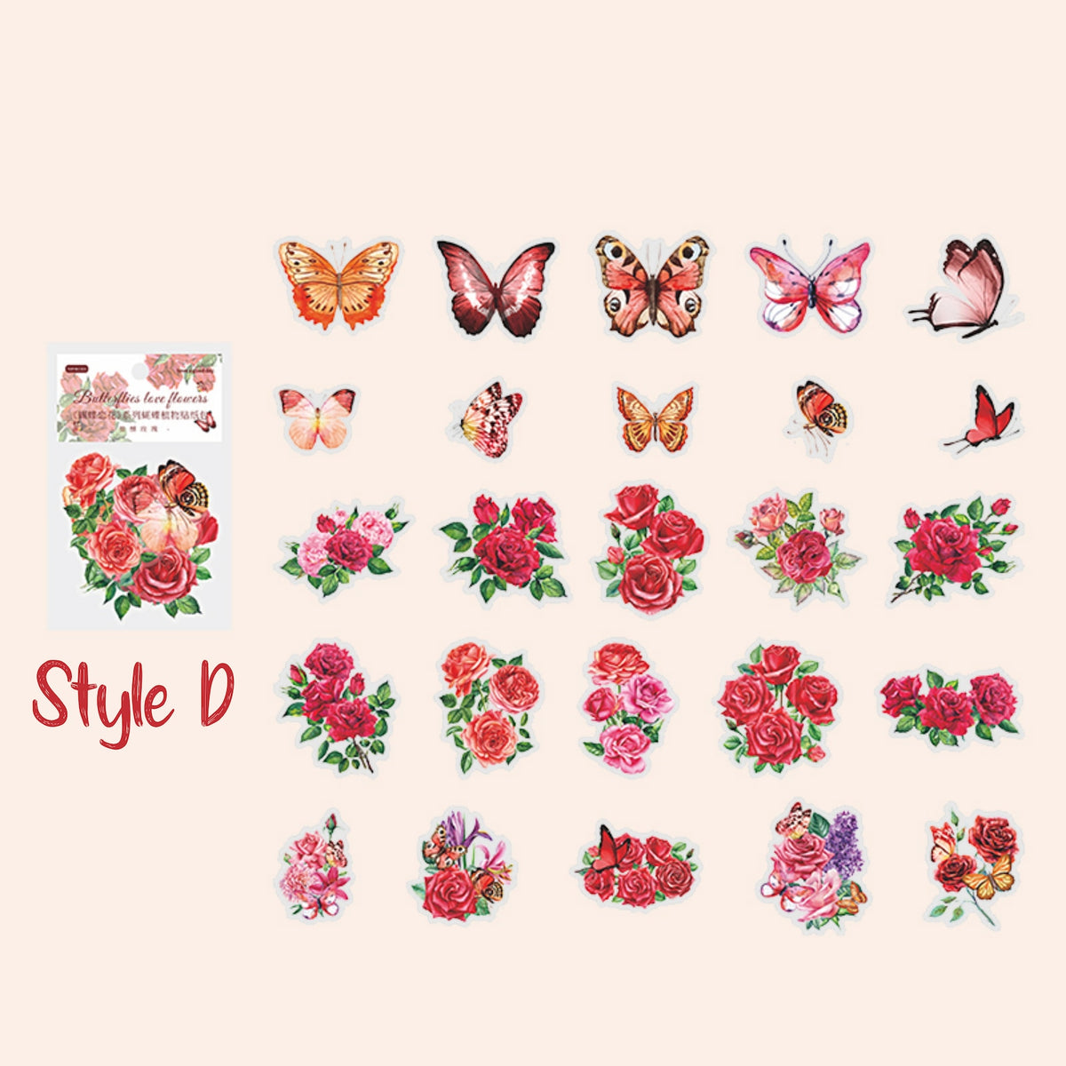Style D red rose and butterfly PET stickers