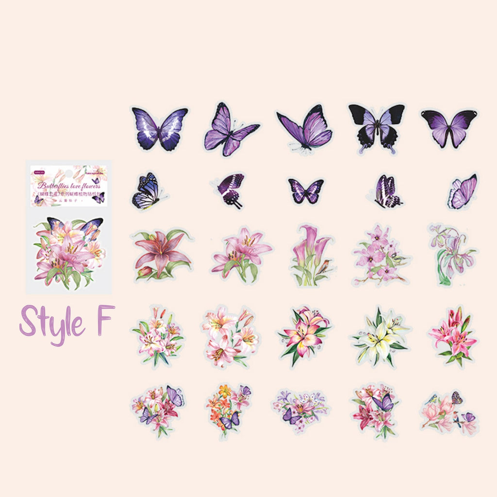 Style F purple butterfly and pink lily PET stickers