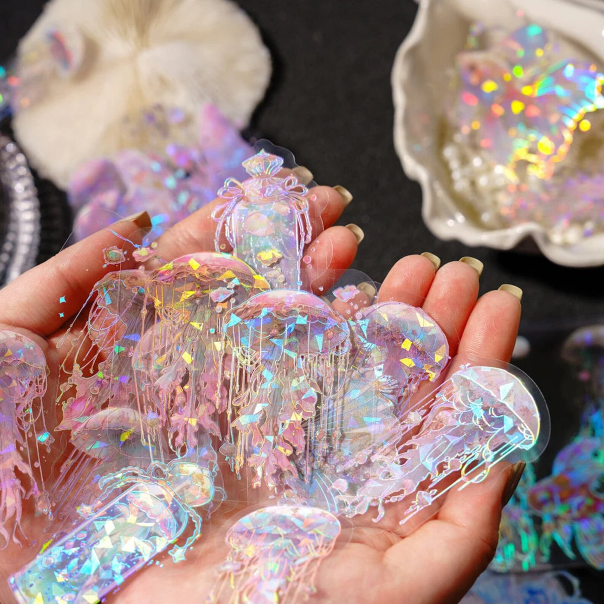 Holographic jellyfish PET stickers with iridescent ocean glow