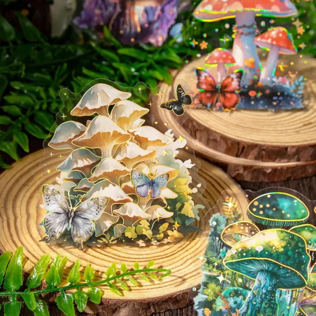Fantasy mushroom stickers with holographic details