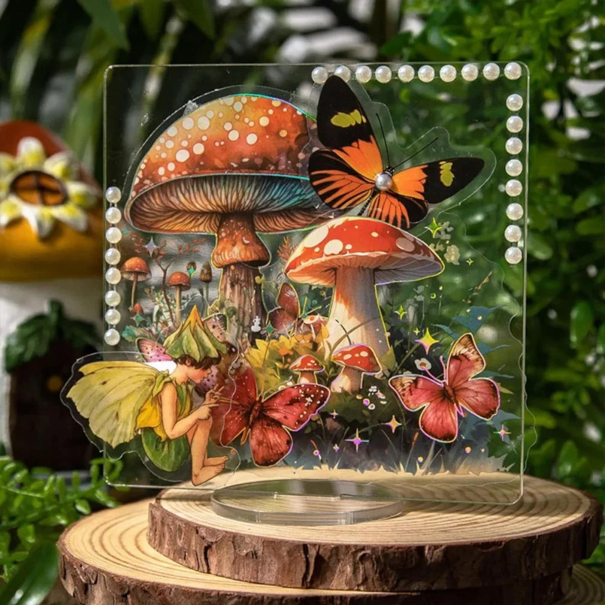 Fantasy mushroom and butterfly sticker display