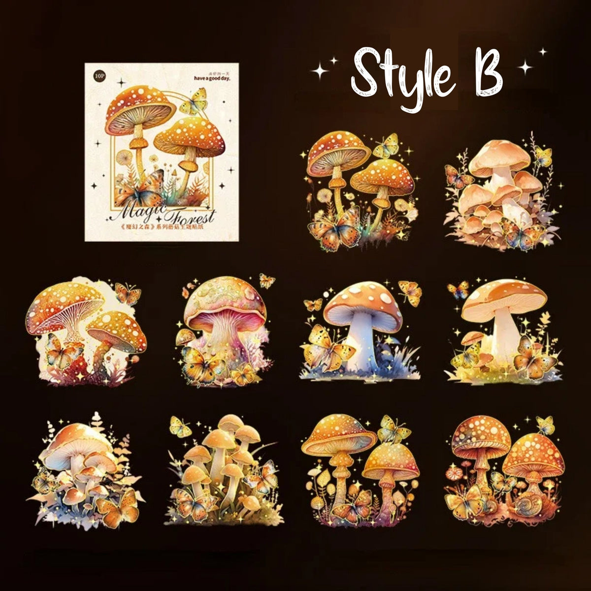 Style B whimsical magic forest mushroom PET stickers
