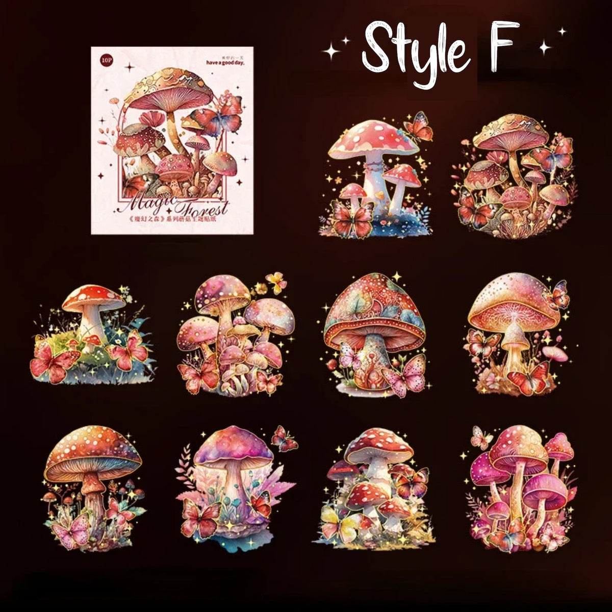 Style F pink mushroom and butterfly PET stickers