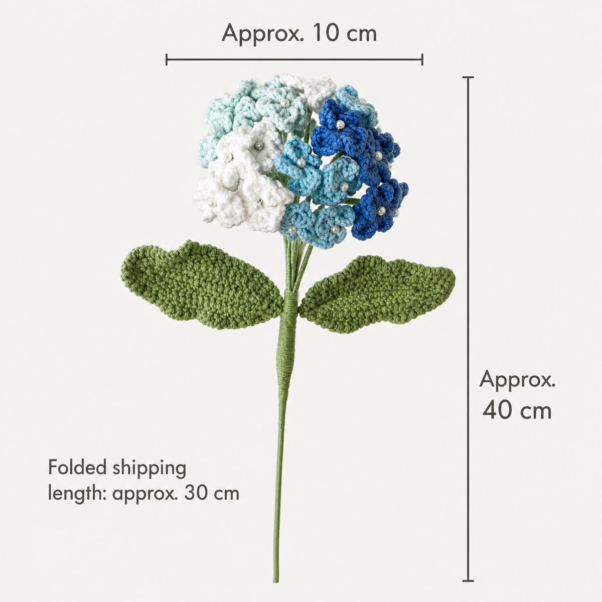 Four-color blue crochet hydrangea dimensions: 10 cm flower head, 40 cm total length, 30 cm folded shipping length