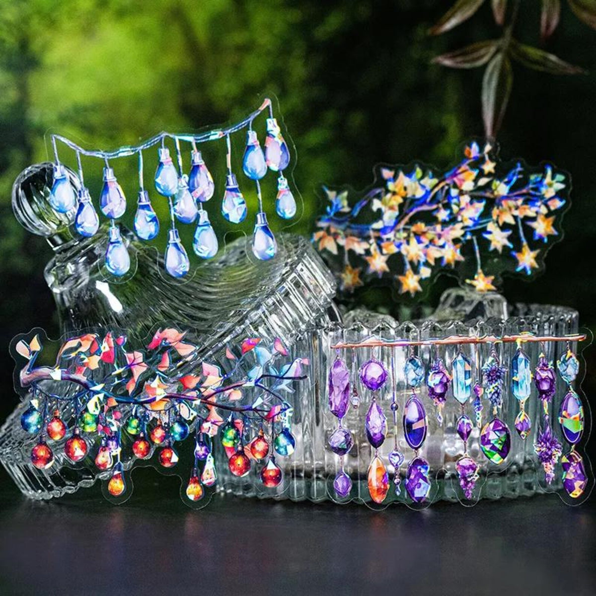 Iridescent gem and crystal PET stickers on glass jars