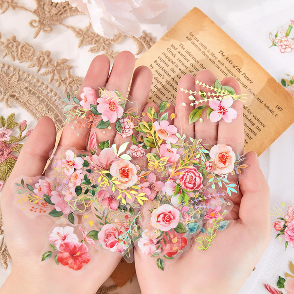 Transparent red and pink watercolor flower stickers with gold accents