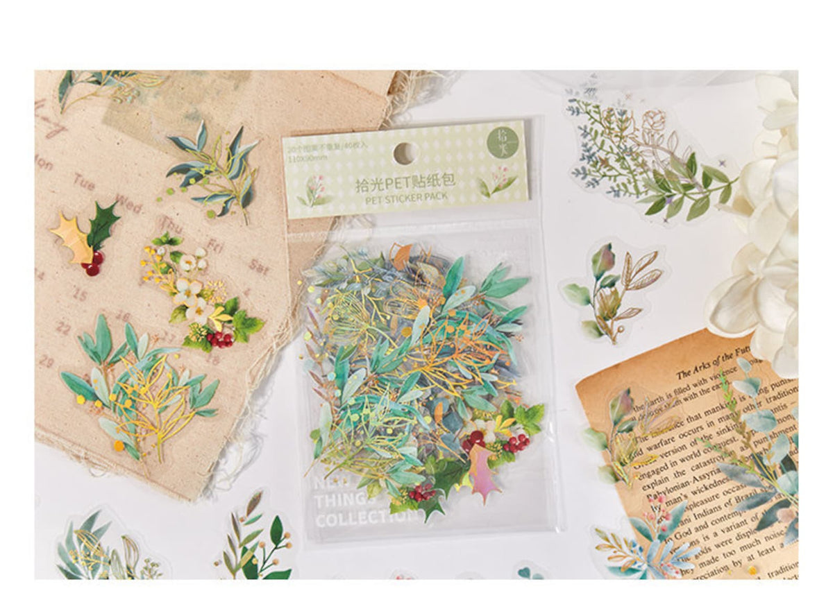 Green botanical floral PET sticker set