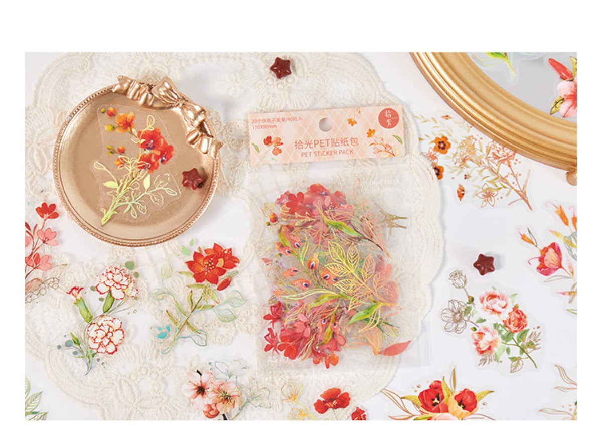 Red floral watercolor stickers with gold accents
