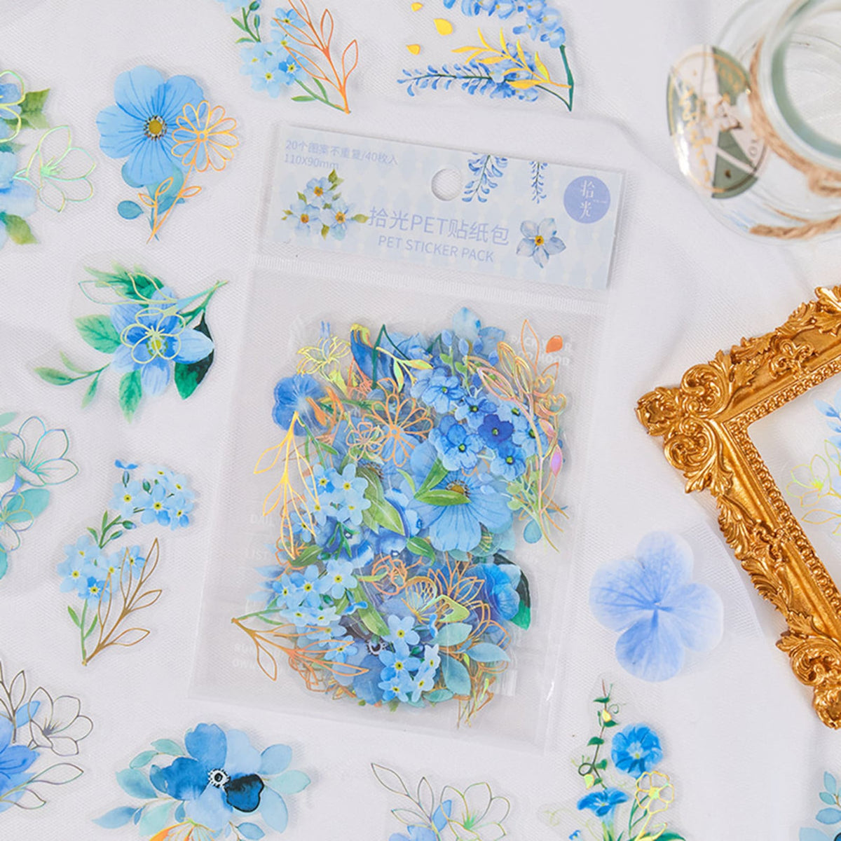 Blue floral PET stickers with gold accents