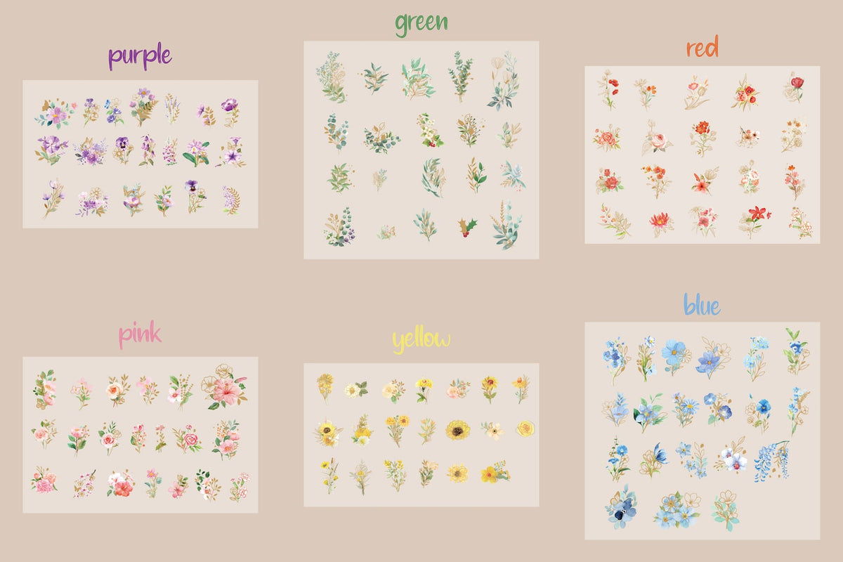 Six colour styles of gold floral PET stickers