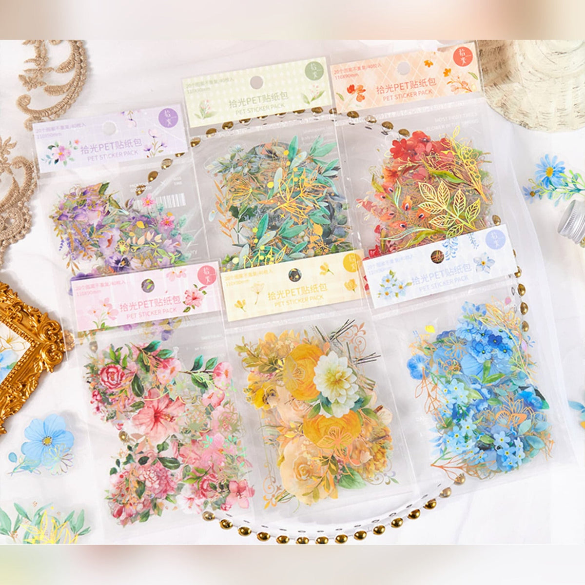 Gold floral PET sticker collection in assorted watercolor flower colours