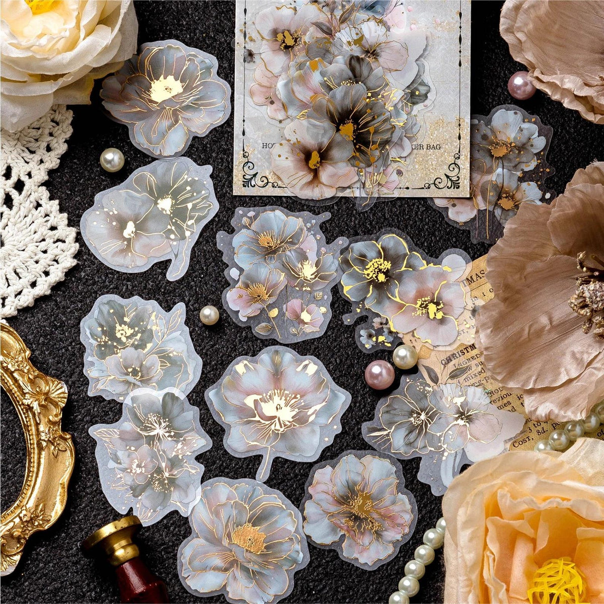 Transparent floral PET stickers with gold accents