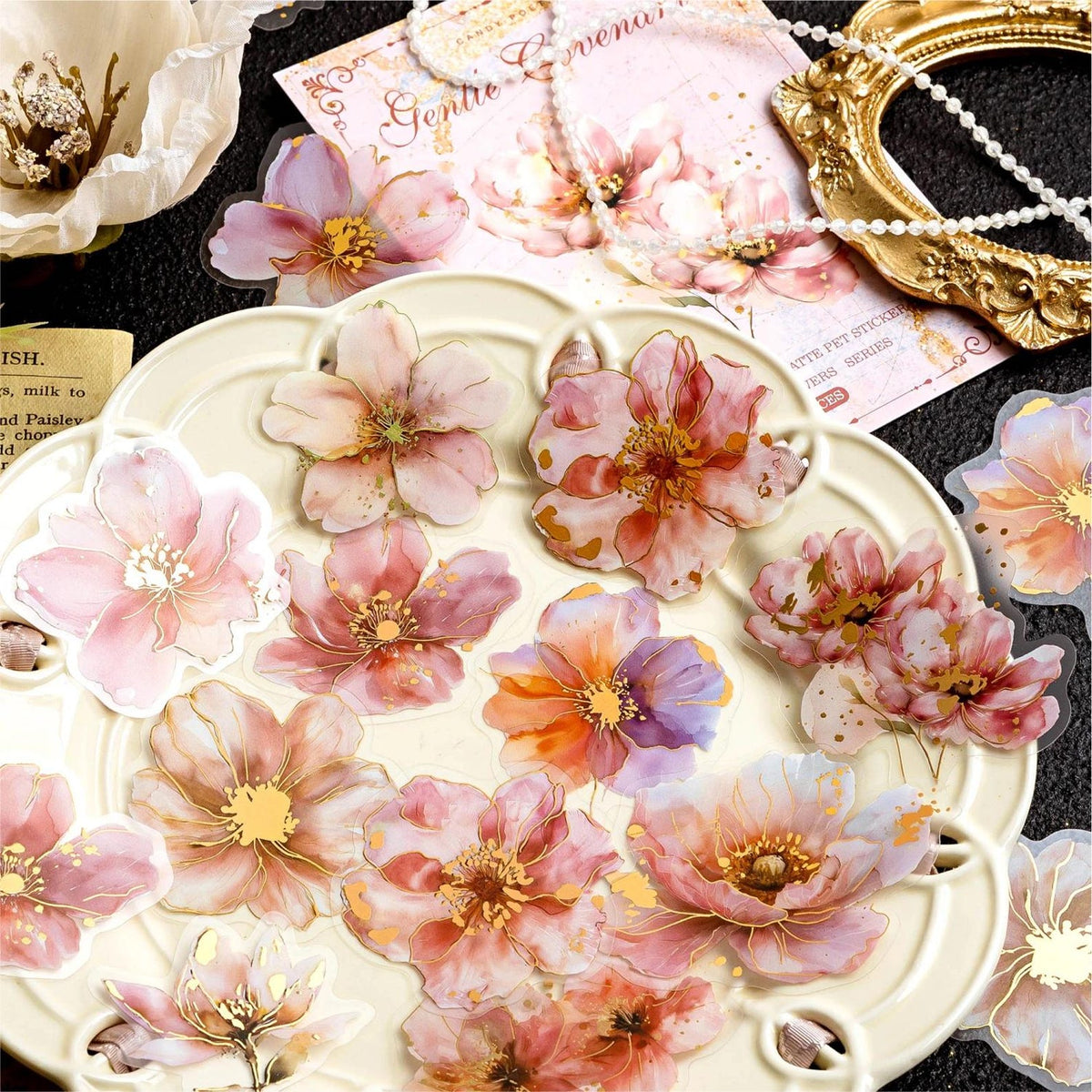 Pink gold foil floral PET sticker set