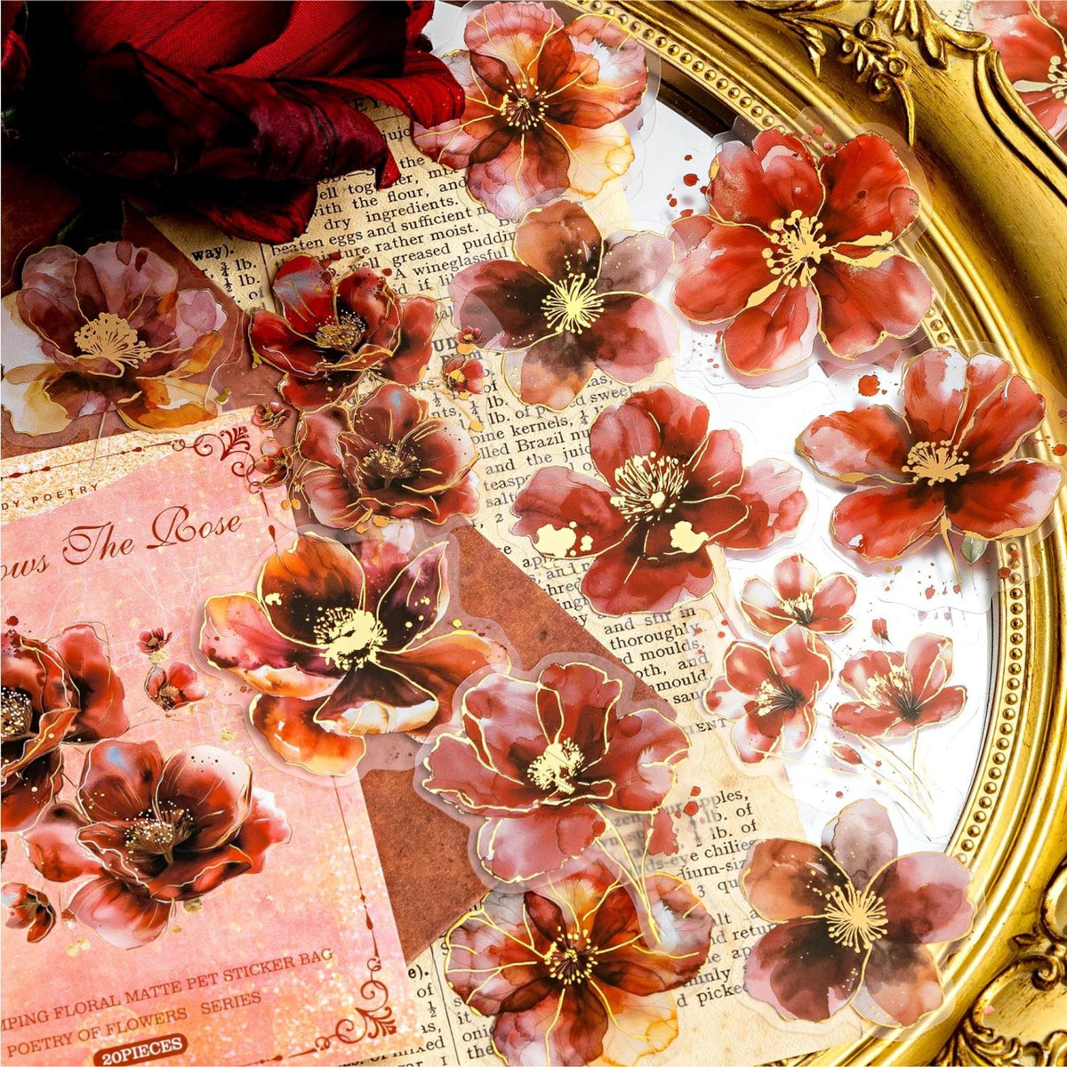 Red gold foil floral PET sticker set