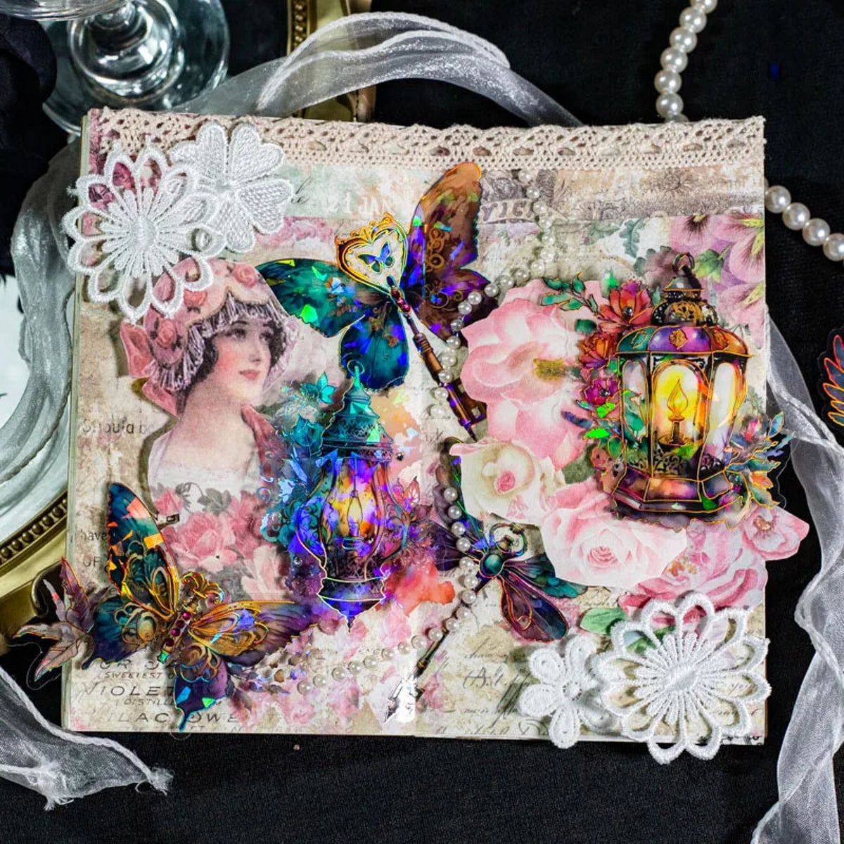 Holographic butterfly key stickers in a vintage journal layout