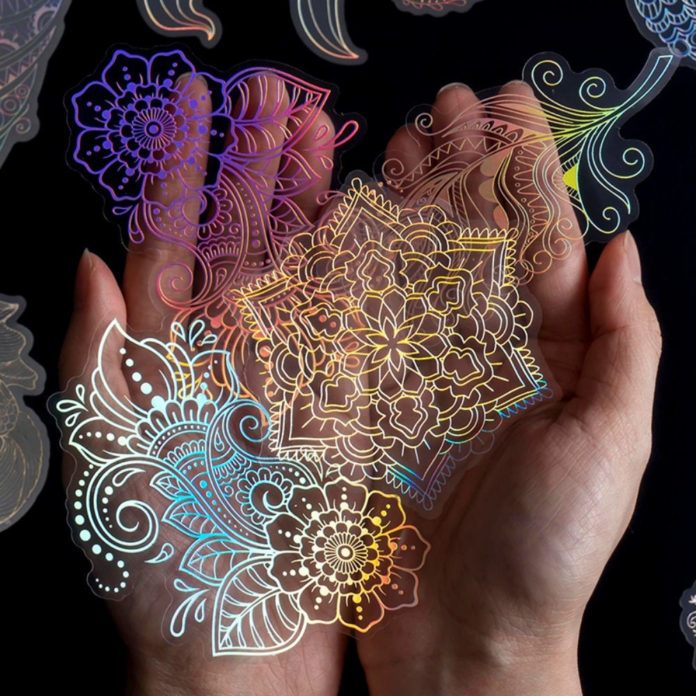 Iridescent holographic floral and mandala PET stickers