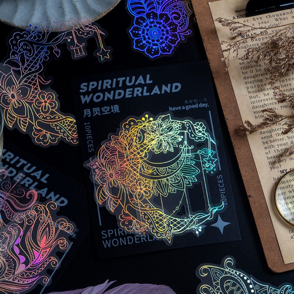 Holographic moon and spiritual line art PET sticker set