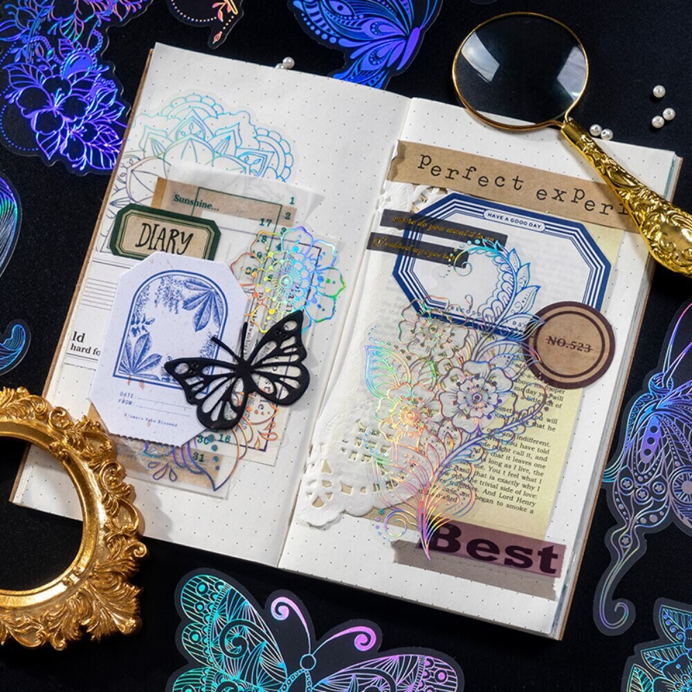 Journal decorated with iridescent celestial PET stickers
