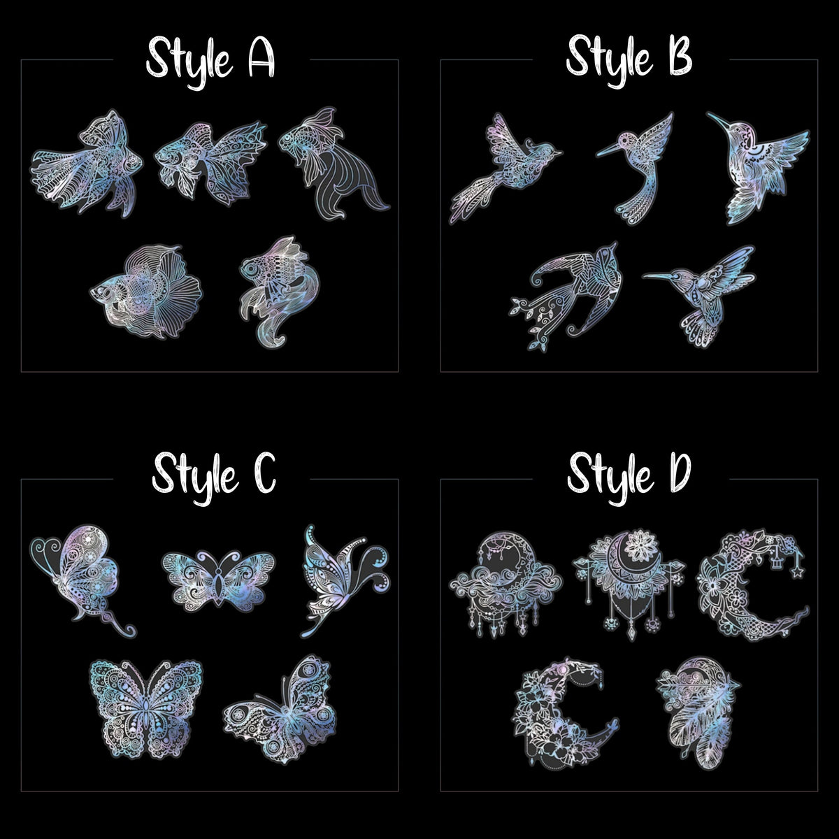 Holographic celestial PET sticker Styles A to D