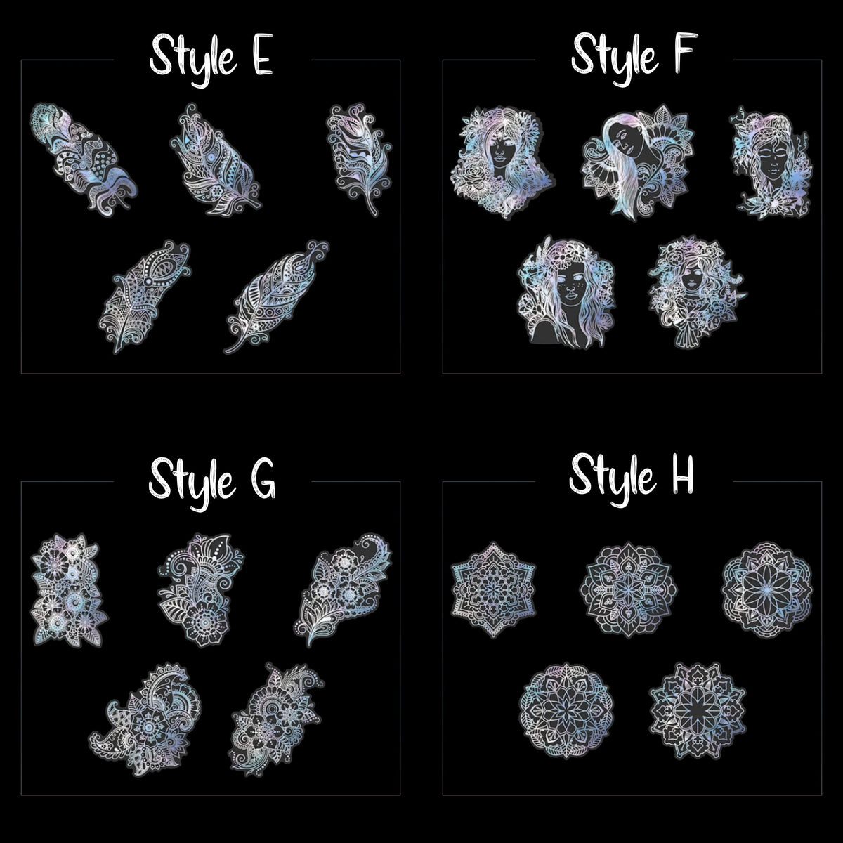 Holographic mandala PET sticker Styles E to H