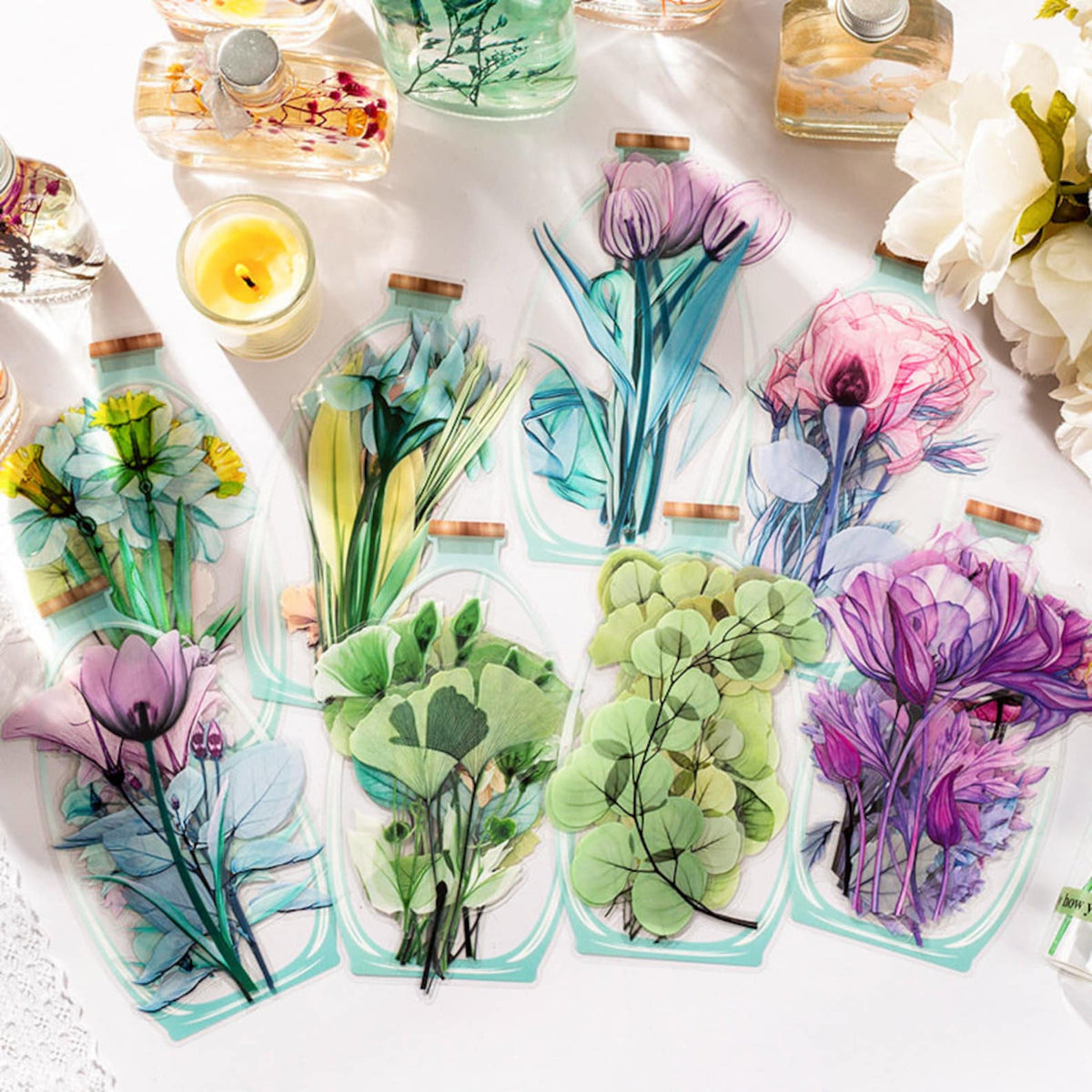 Large Botanical PET Stickers – floral bottle design assortment