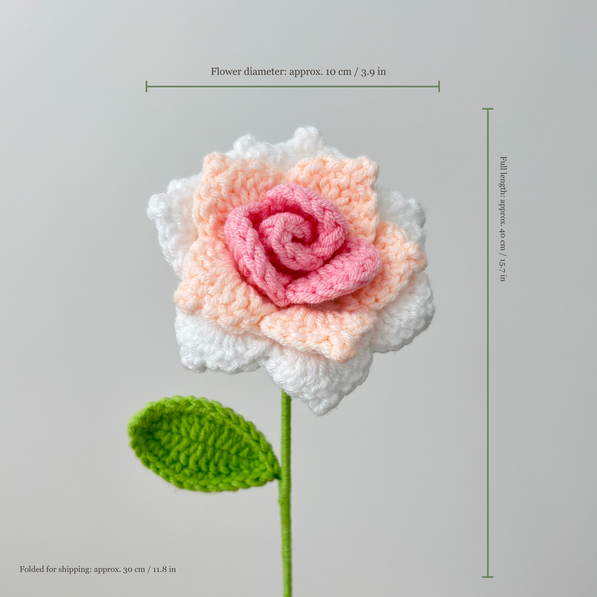 Pink and white crochet rose dimensions: approximately 10 cm flower head and 40 cm overall length