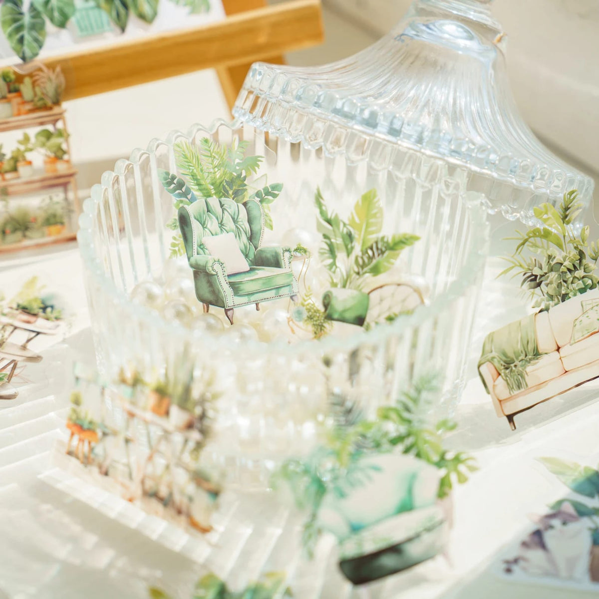 Botanical sticker used on clear glass cloche