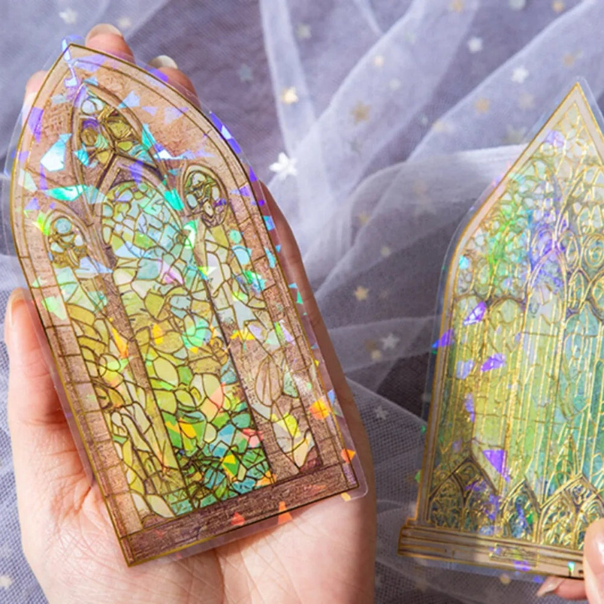 Iridescent stained glass PET stickers with holographic shine