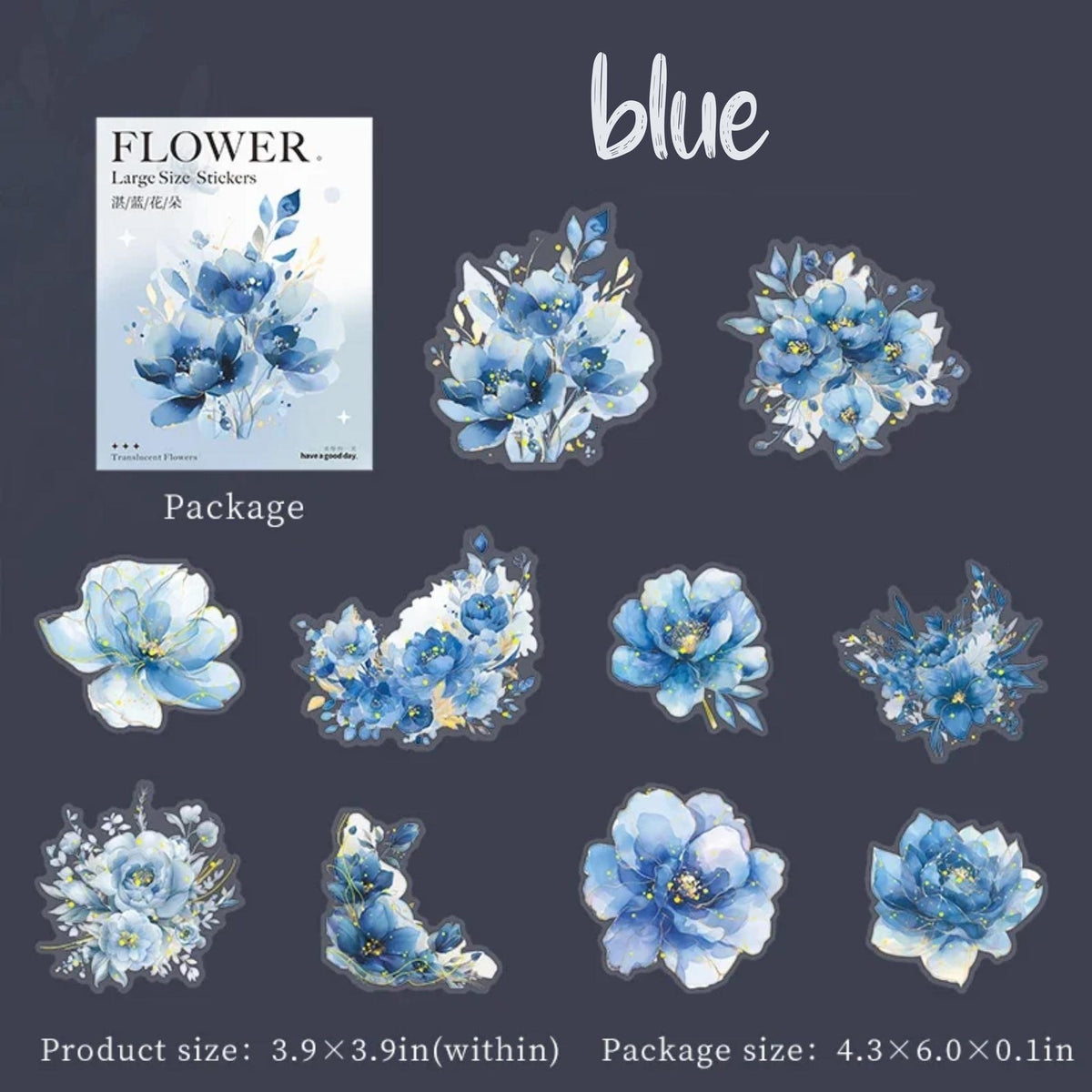 Translucent Flower PET Stickers – Blue