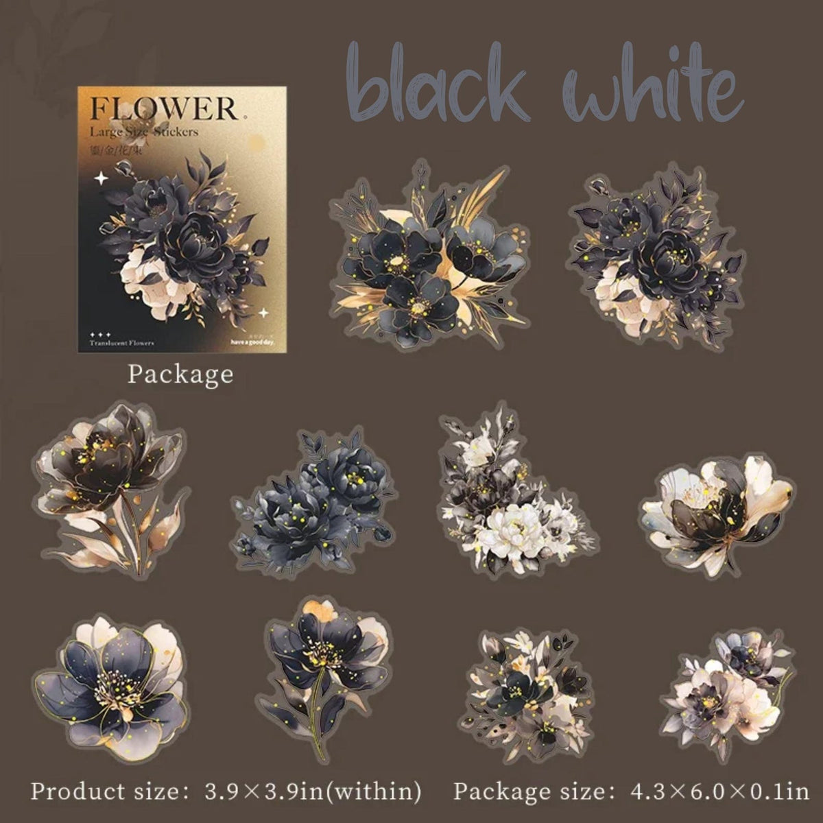 Translucent Flower PET Stickers – Black White