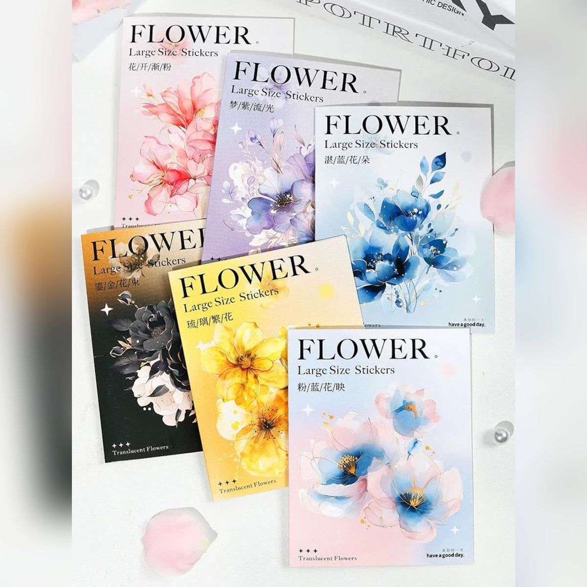 Translucent flower PET sticker assortment in watercolor floral designs