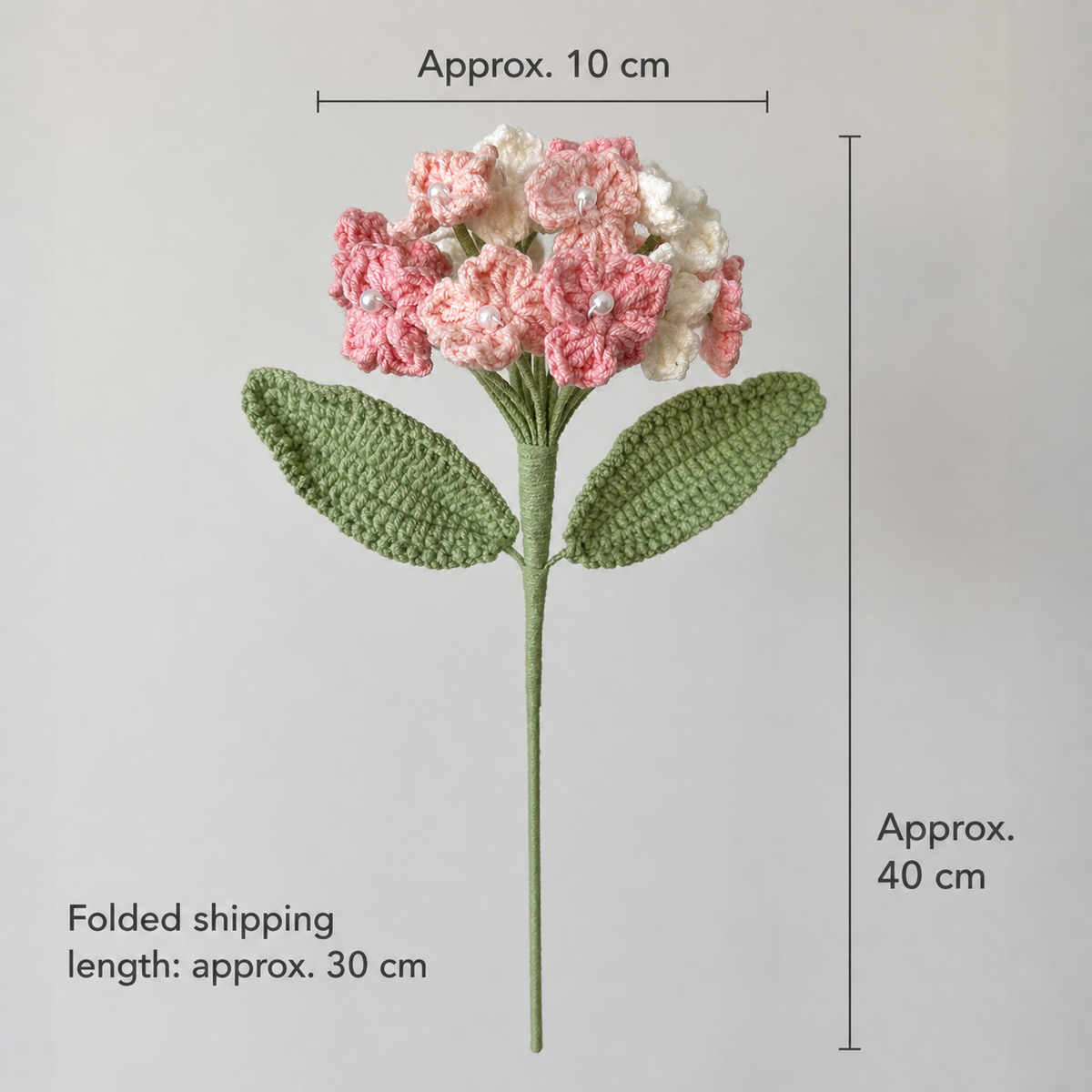 Tricolor pink crochet hydrangea dimensions: approximately 10 cm flower head and 40 cm overall length