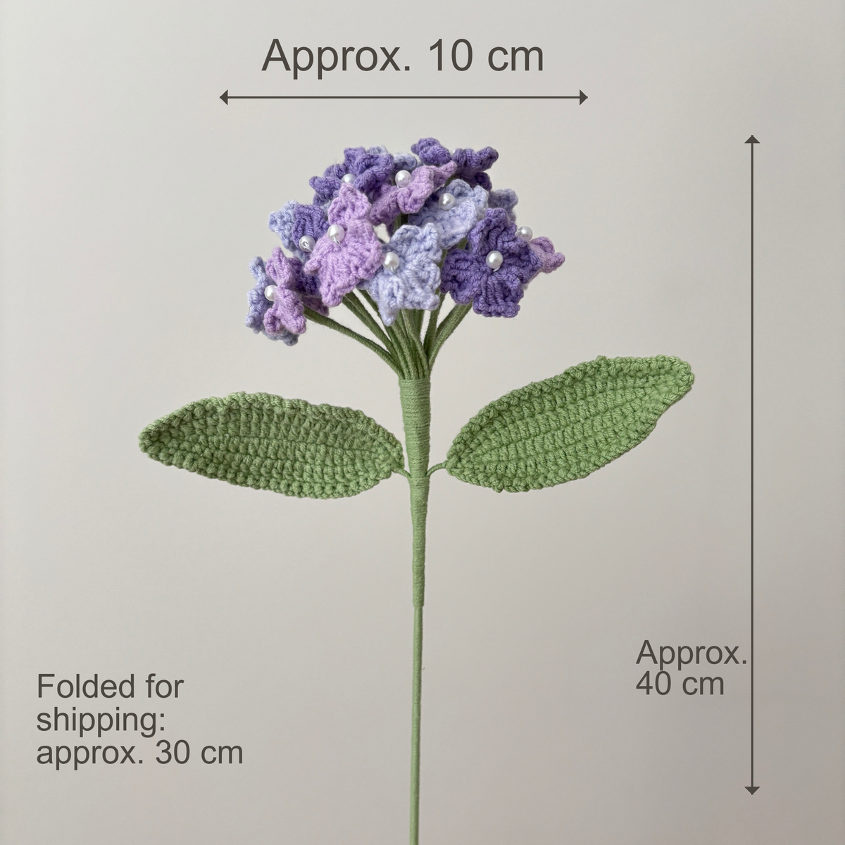 Tricolor purple crochet hydrangea dimensions: approximately 10 cm flower head and 40 cm overall length
